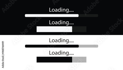 Loading bar Icons and Progress Bar icons Vector Set in black and white. Load bar, buffer loader, download or upload Horizontal bar icons. Loading status icon. website loading bar.