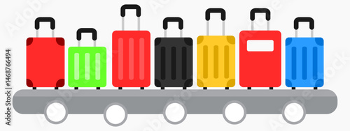 Flat illustration of colorful suitcases on airport conveyor belt. Variety of luggage in different sizes and bright colors like red, green, black, yellow, and blue. Modern travel and vacation concept.