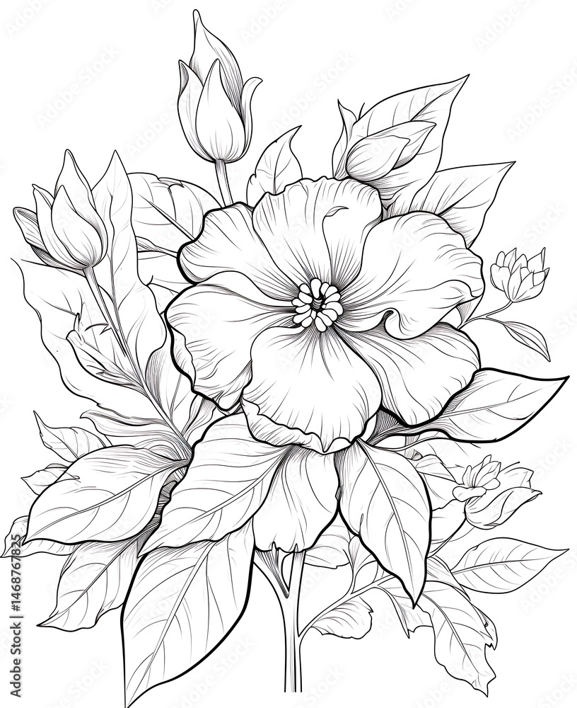 Fototapeta premium Flower Coloring Page, black and white. Floral pattern for coloring book Page