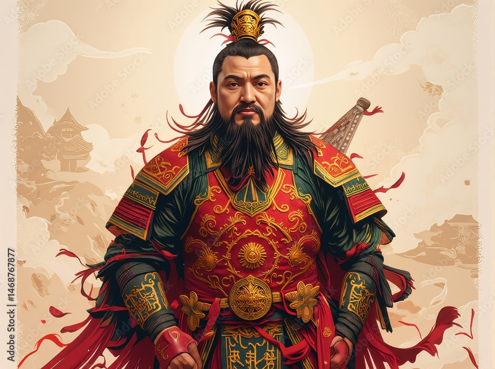 Fototapeta premium a 2D vector illustration of Guan Sheng Di Jun, depicted as a powerful and dignified warrior.