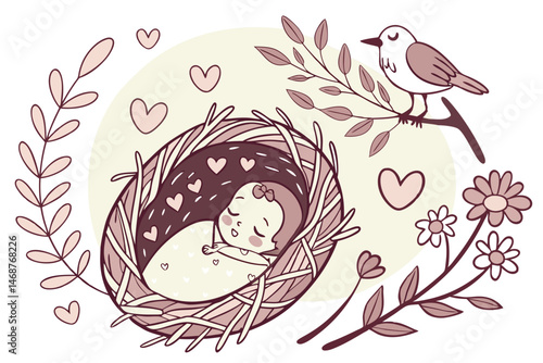 21 Newborn baby sleeping in a nest, intricate illustration, soft pastel colors, hearts and flowers surrounding, bird perched nearby, whimsical style, detailed textures, ethereal atmosphere, delicate l