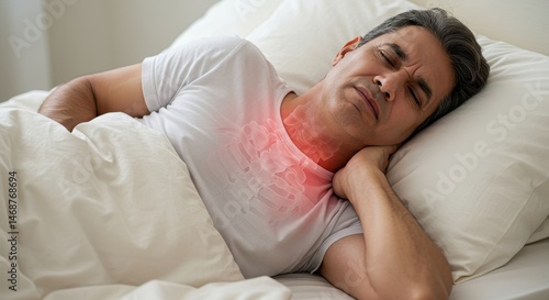 Middle Aged Man Experiencing Neck Pain While Sleeping In Bed