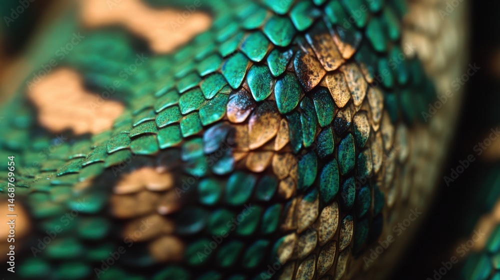 Obraz premium Close-up of a vibrant green snake displaying intricate scales during daylight in a natural habitat