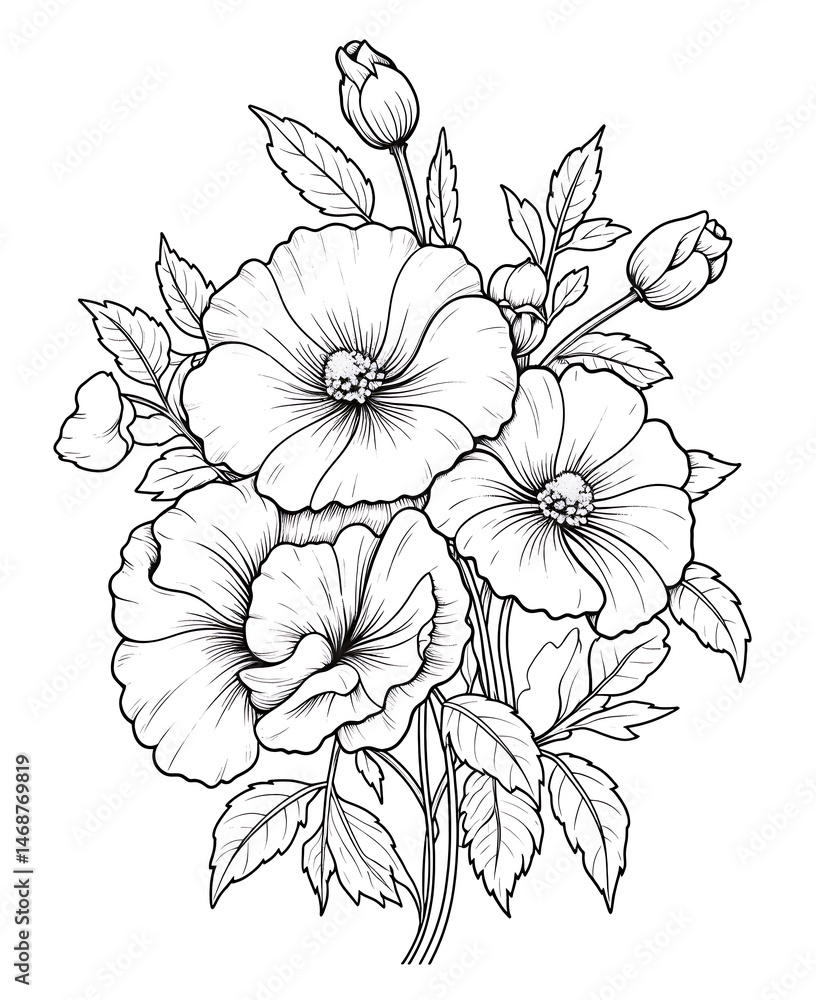 Fototapeta premium Flower Coloring Page, black and white. Floral pattern for coloring book Page