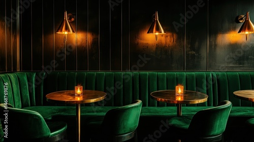 An elegant and stylish bar interior with green velvet seating