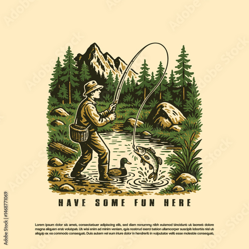 Vintage retro hand drawn fisherman catch big fish in mountain lake