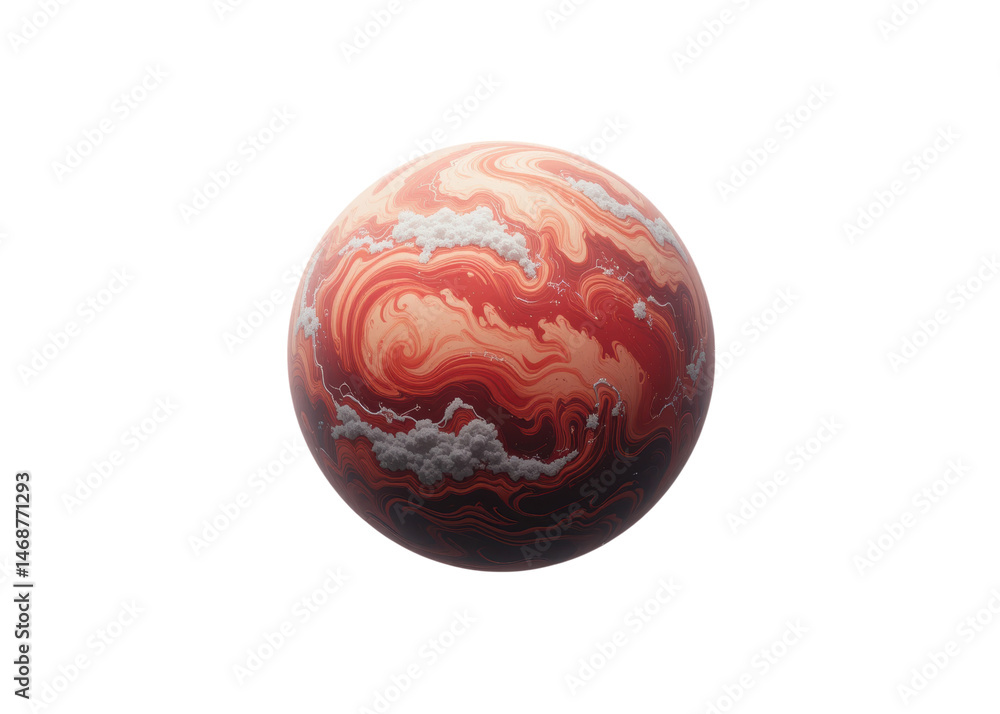 A stylized red and orange planet with swirling patterns and white clouds, isolated on transparent background. Space, astronomy, universe. A stylized red and orange planet with swirling patterns and white clouds, isolated on transparent background. Space, astronomy, universe.