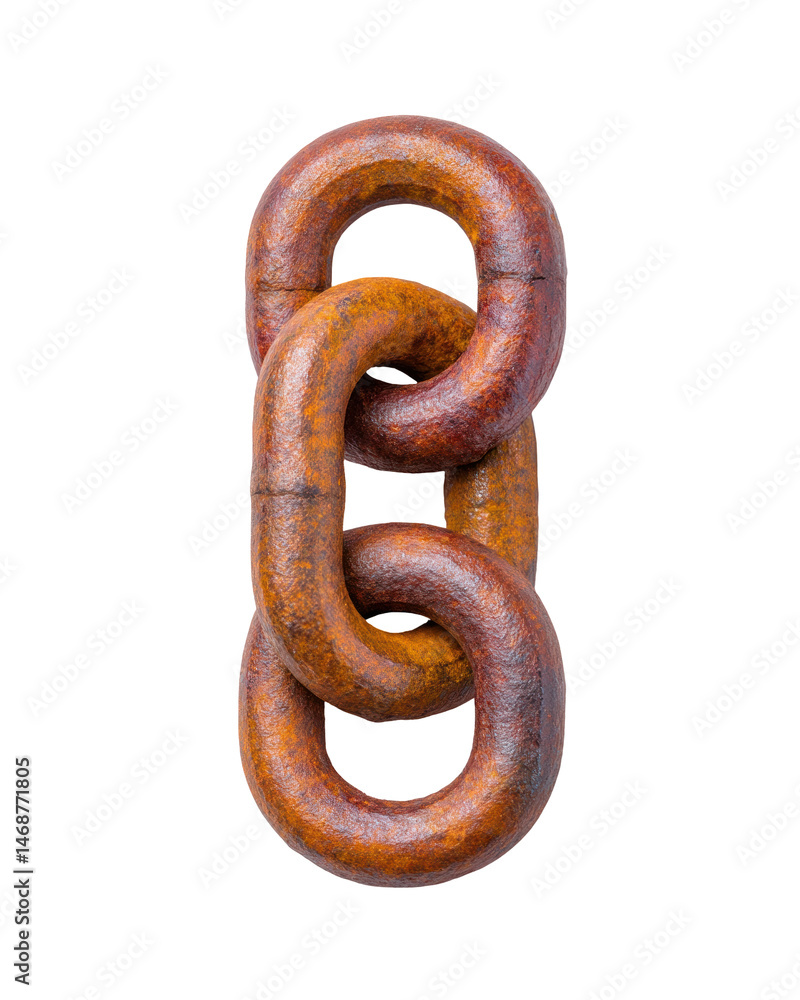 Close up of three rusty chain links isolated transparent background industrial strength metal texture Close up of three rusty chain links isolated transparent background industrial strength metal texture
