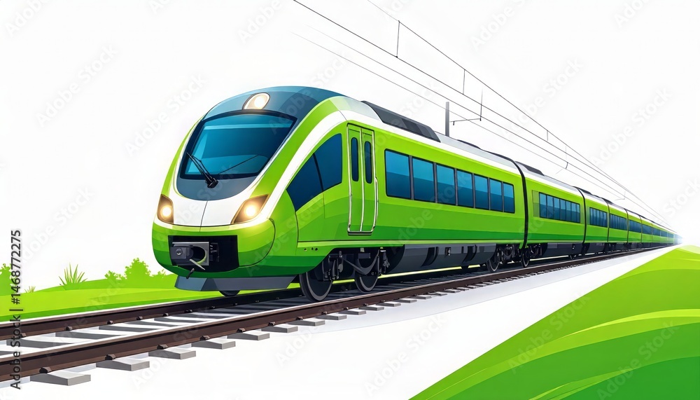 Naklejka premium Green high speed passenger train illustration speeding on railway tracks for sustainable transportation and eco friendly travel
