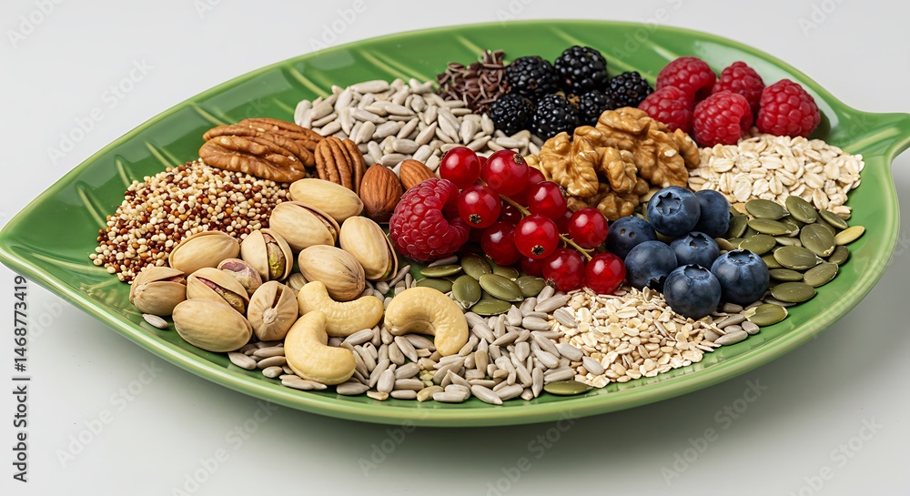 Healthy berries nuts seeds breakfast quinoa pistachios walnuts almonds cashews pecans raspberries plate Healthy berries nuts seeds breakfast quinoa pistachios walnuts almonds cashews pecans raspberries plate
