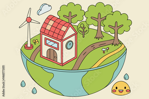 24 Globe, eco-friendly, green earth, sustainability, 3D illustration, miniature world, cartoon style, lush vegetation, renewable energy, wind turbines, solar panels, water droplets, leaves, trees, woo