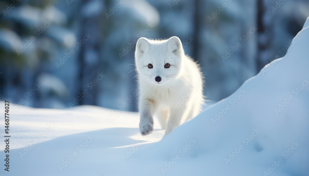 Obraz premium Snow marten walking in the arctic regions with green frost forest, rare animal sighting in snowy forest