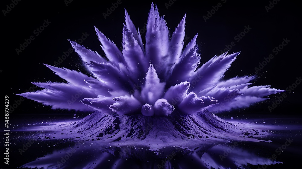 Obraz premium Erupting Purple Powder Explosion On Black Reflective Surface