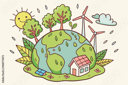 24 Globe, eco-friendly, green earth, sustainability, 3D illustration, miniature world, cartoon style, lush vegetation, renewable energy, wind turbines, solar panels, water droplets, leaves, trees, woo