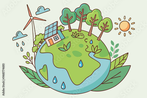 24 Globe, eco-friendly, green earth, sustainability, 3D illustration, miniature world, cartoon style, lush vegetation, renewable energy, wind turbines, solar panels, water droplets, leaves, trees, woo
