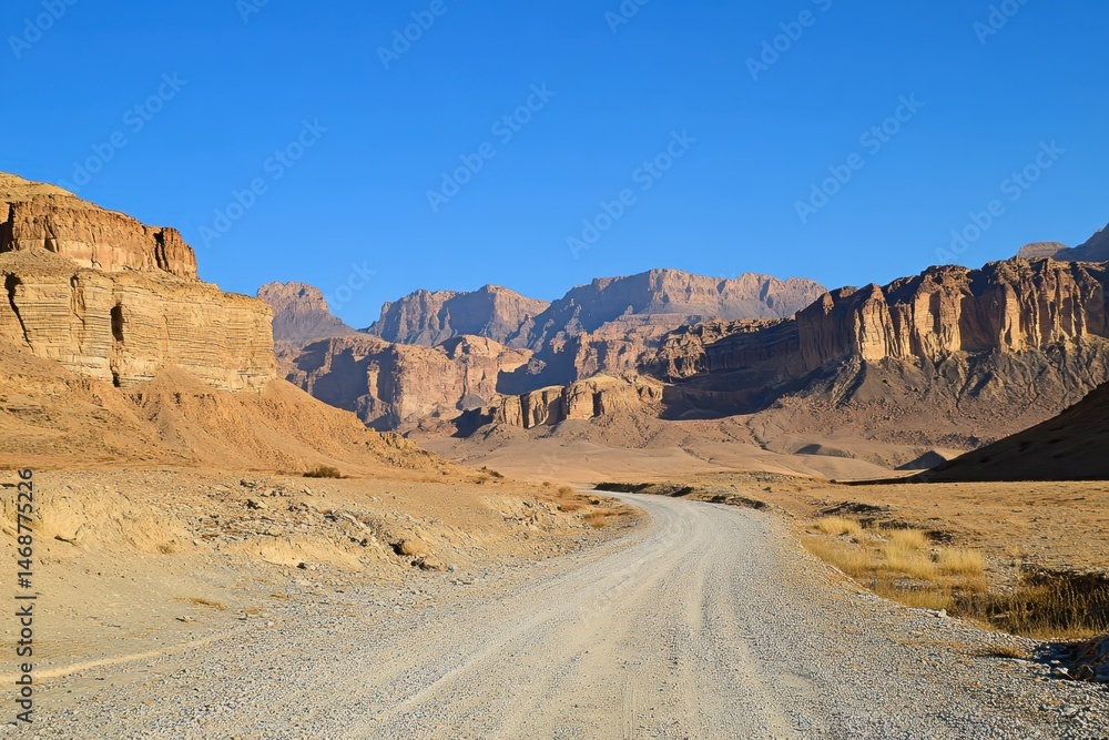 Naklejka premium road at midday clear sky desert mountains background landscape