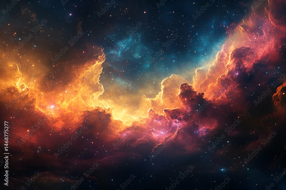 Fototapeta premium Fiery cosmic nebulae against a star-studded night sky.