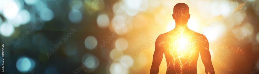 Soulful Awakening Through the Journey of Spirituality, Radiant silhouette of a person with a glowing heart, symbolizing inner light and vitality.