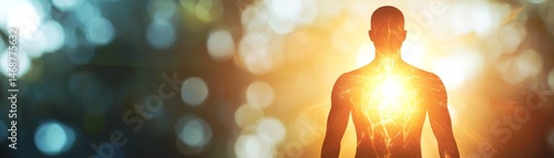 Obraz na płótnie Soulful Awakening Through the Journey of Spirituality, Radiant silhouette of a person with a glowing heart, symbolizing inner light and vitality. w salonie