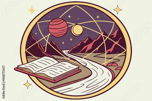 25 Surreal cosmic landscape, open book pages, celestial bodies, starry night sky, glowing orbs, mountain peaks, flowing river, geometric grid patterns, reflective surfaces, circular framed composition