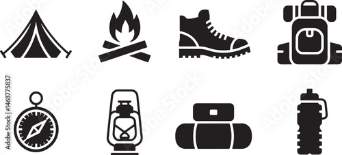 Black and white camping and hiking equipment icons for outdoor adventure illustration
