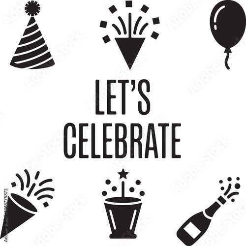 Black and white celebration graphics with party hat balloons and champagne bottle