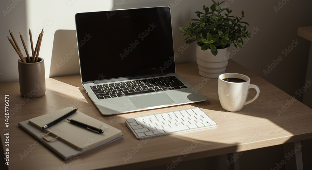 Fototapeta premium Minimalist workspace with laptop and coffee on desk for remote work at home.
