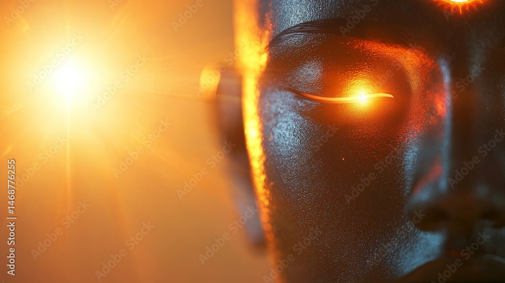 Soulful Awakening Through the Journey of Spirituality, Abstract close-up of a serene face illuminated by warm light, suggesting introspection and enlightenment.