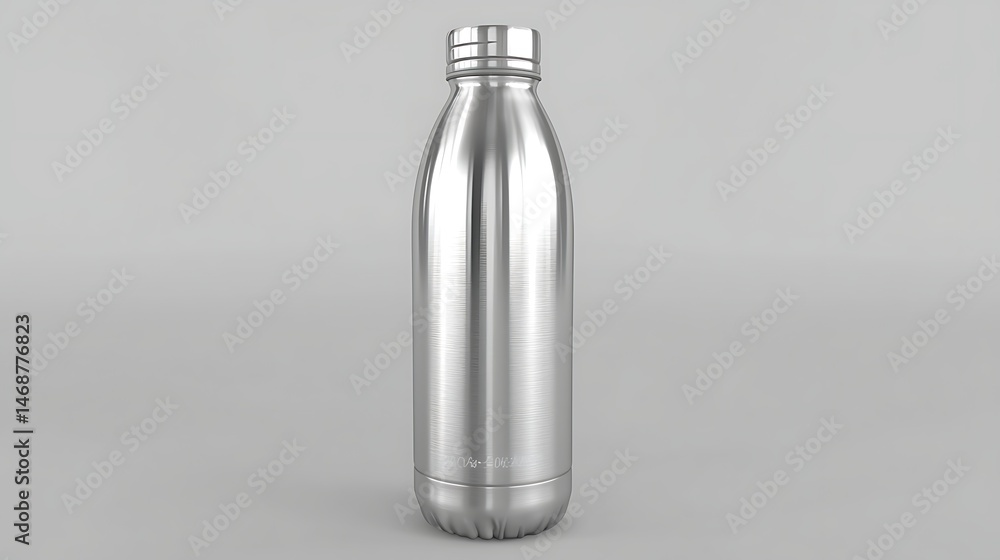 A stainless steel water bottle standing tall on a clean gray background, the shiny surface reflecting soft light that emphasizes its sleek design. A stainless steel water bottle standing tall on a clean gray background, the shiny surface reflecting soft light that emphasizes its sleek design.