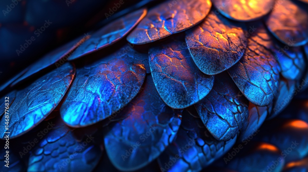 Obraz premium Detailed close-up of shimmering blue dragon scale texture illuminated by soft lighting