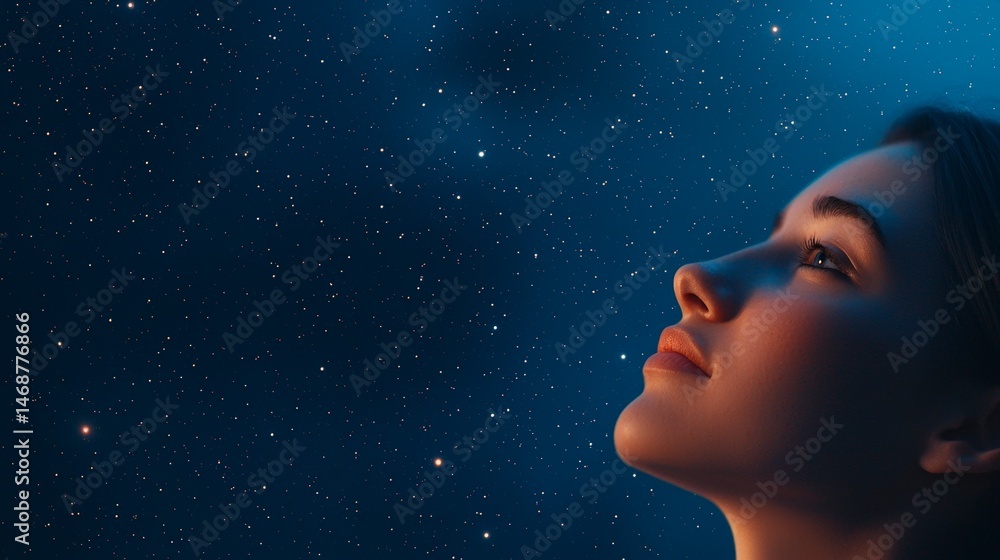 Soulful Awakening Through the Journey of Spirituality, A woman gazes upward, surrounded by sparkling particles in a dreamlike atmosphere.