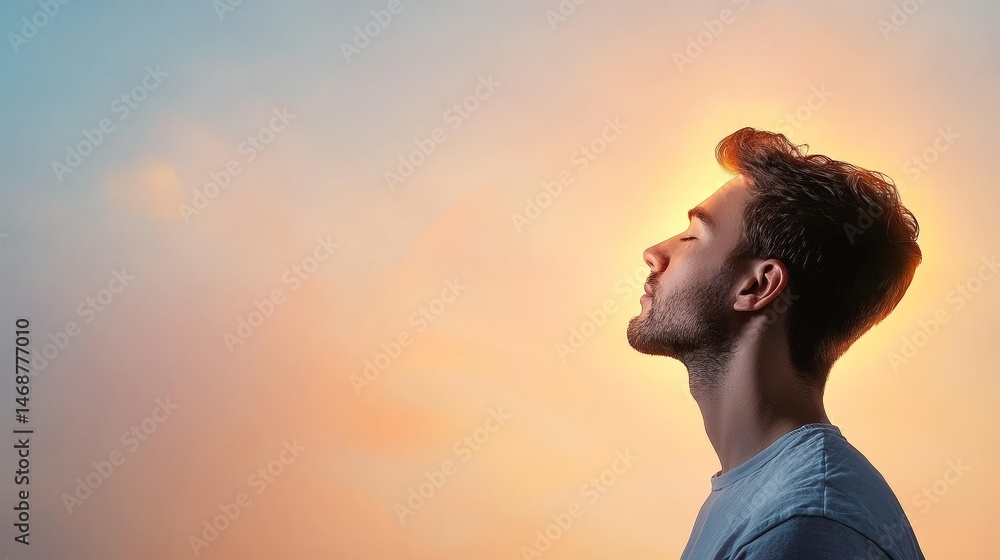 Soulful Awakening Through the Journey of Spirituality, A thoughtful man gazes upward, illuminated by a colorful sky at sunset.