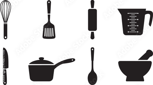 Black and white kitchen tools isolated on a white background for cooking and baking