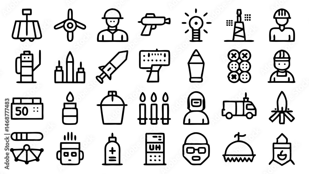 Military War Line Icon Set - Vector Illustrations Depicting Warfare Vehicles and Weaponry Military War Line Icon Set - Vector Illustrations Depicting Warfare Vehicles and Weaponry