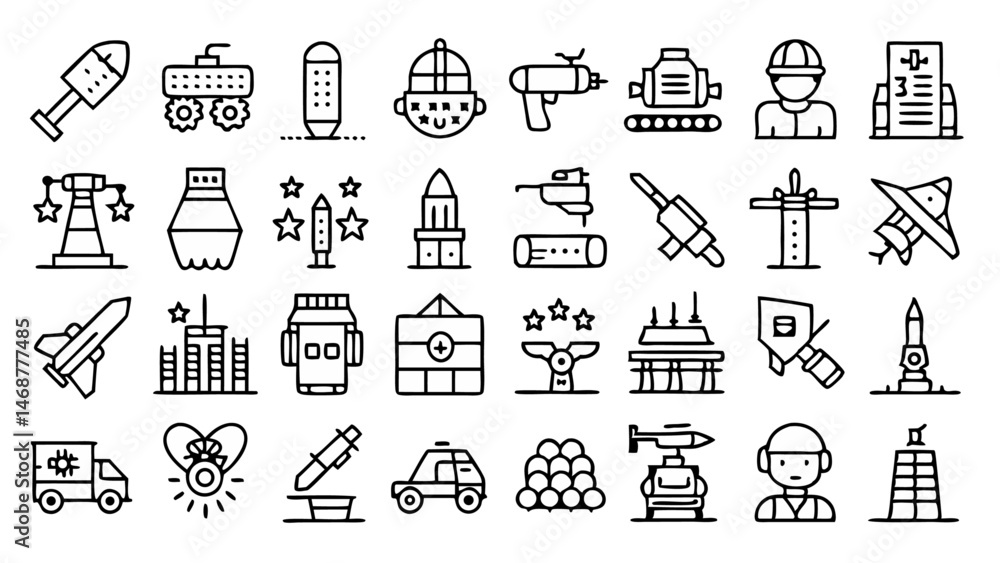 Naklejka premium Military War Line Icon Set - Vector Icons Representing Advanced Military Technology and Tactics