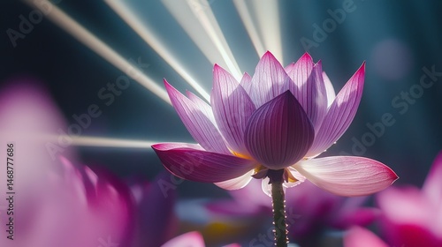 Soulful Awakening Through the Journey of Spirituality, A radiant lotus flower illuminated by beams of light amidst a soft, colorful background.