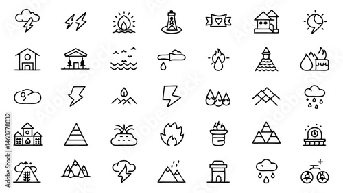 Natural Disaster Line Icon Set - Vector Pictograms Representing Earthquakes, Floods, and More