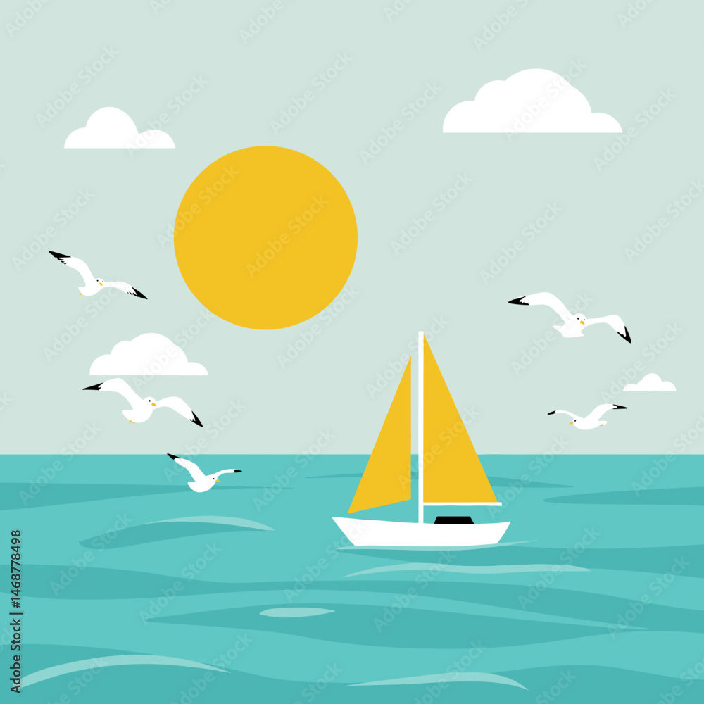 Naklejka premium Sailboat on blue ocean with seagulls and bright sun in clear sky 