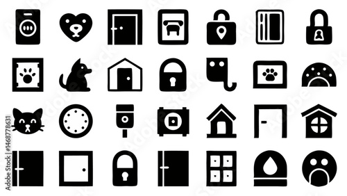 Pet Door Installation Line Icon Set Vector Pictograms