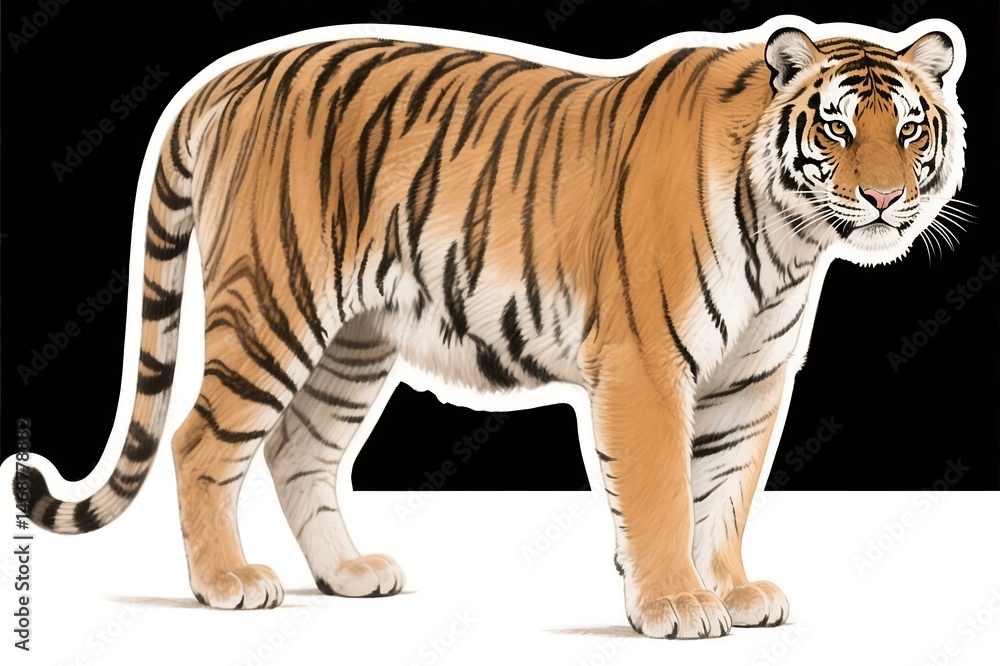 Obraz premium Tiger drawing shows a majestic Bengal tiger against a black background. Suitable for wildlifethemed design projects, posters, and educational materials.