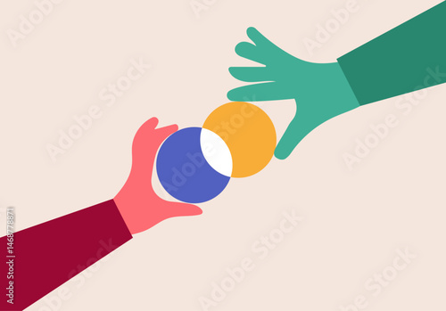 Two hand holding merge of two circle, company equity merge concept illustration