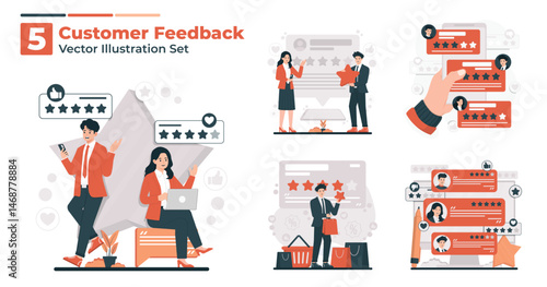 Customer feedback illustration set showing people giving reviews and star ratings to improve service and product quality
