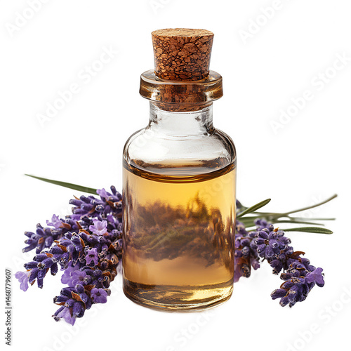 Lavender essential oil bottle with cork and fresh lavender flower sprigs on transparent background