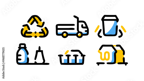 Plastic recycling line icon set vector pictograms representing various recycling processes and eco-friendly initiatives
