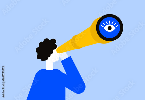 Man looking forward forecasting predicting with binocular where eyes are reflected in the lens illustration