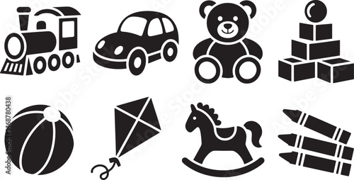 Black and white vector illustration of various classic toys for children