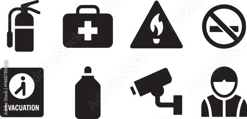 Black icons representing safety security and emergency evacuation for various situations