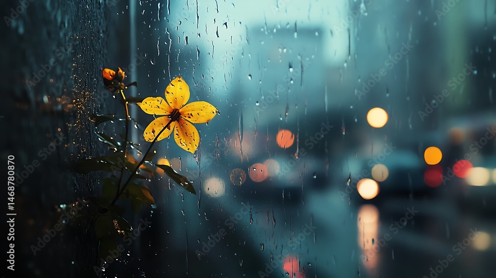 Fototapeta premium A yellow flower viewed through a rainy window.