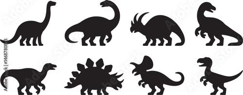 Black silhouette collection of diverse dinosaur silhouettes suitable for various design purposes