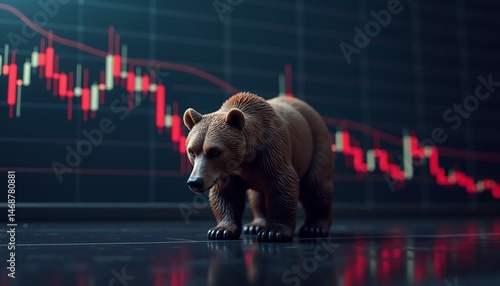 Bear figurine in front of bearish stock market chart for finance concept